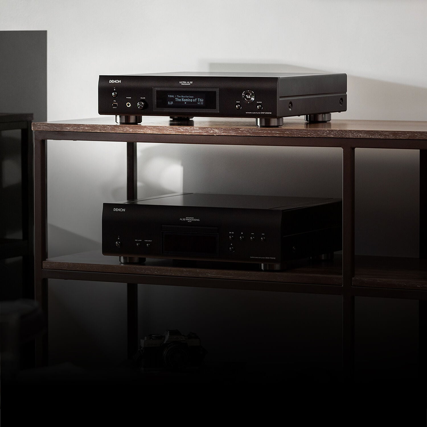 a network audio player on a shelf