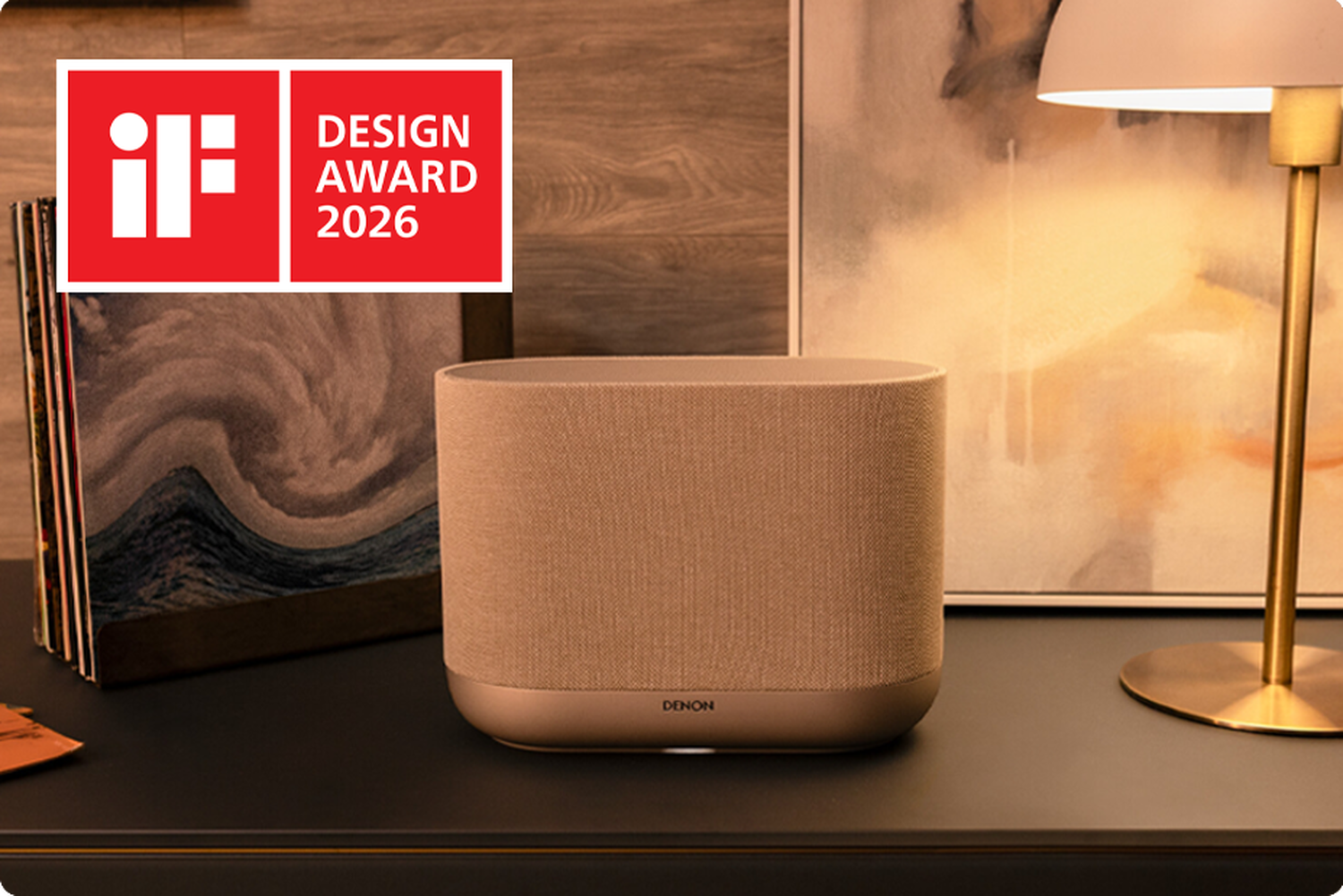 Denon Home sitting subtly under a lamp