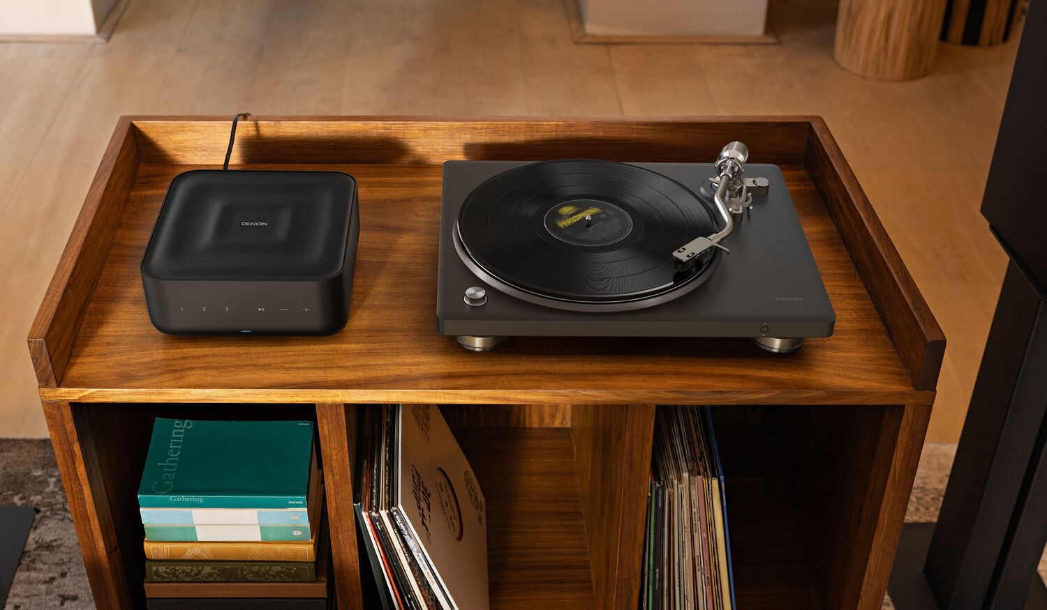 the Denon Home Amp and DP-450USB together with records