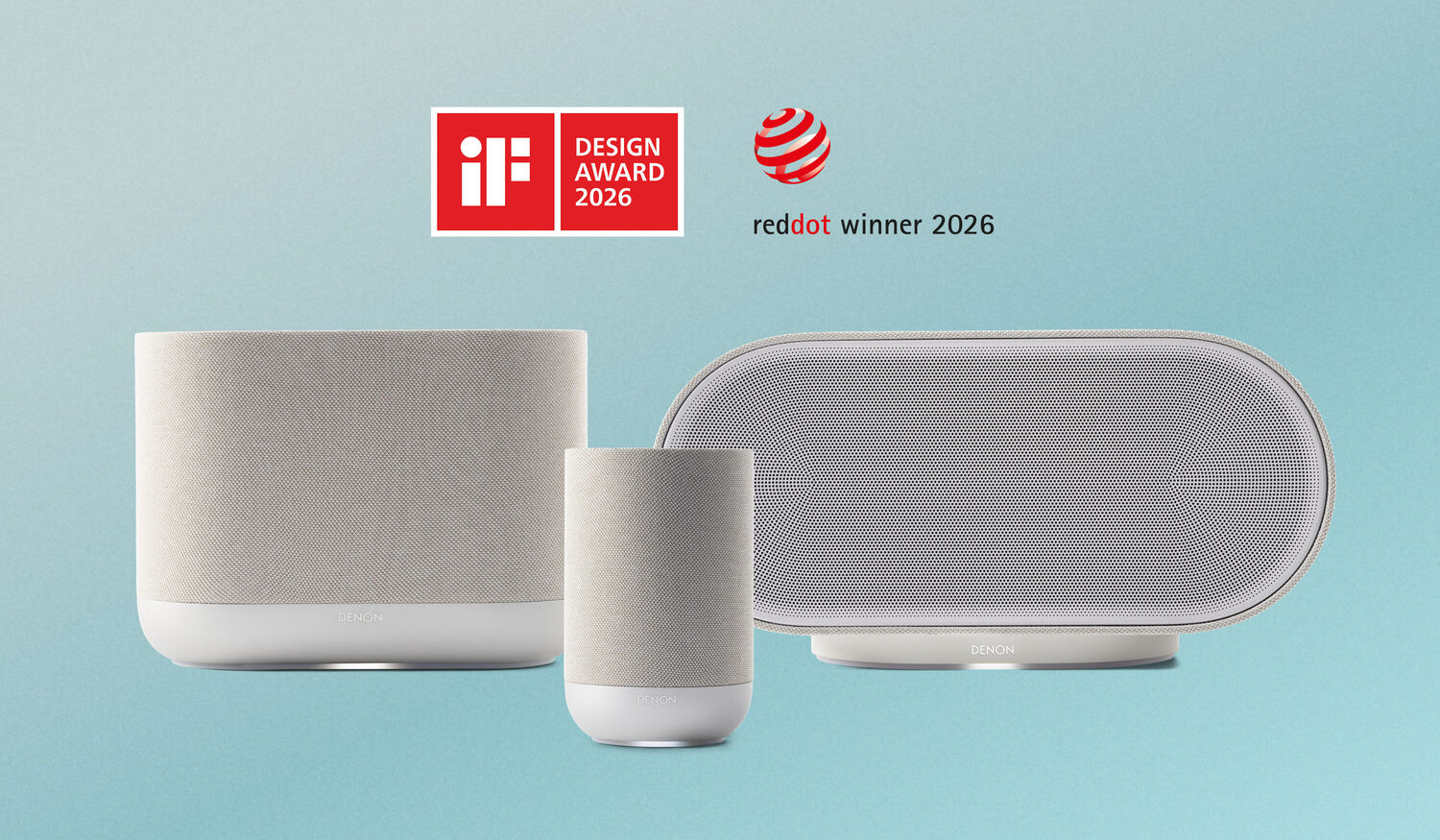 Denon Home 200 400 and 600 sitting together with award logos above them