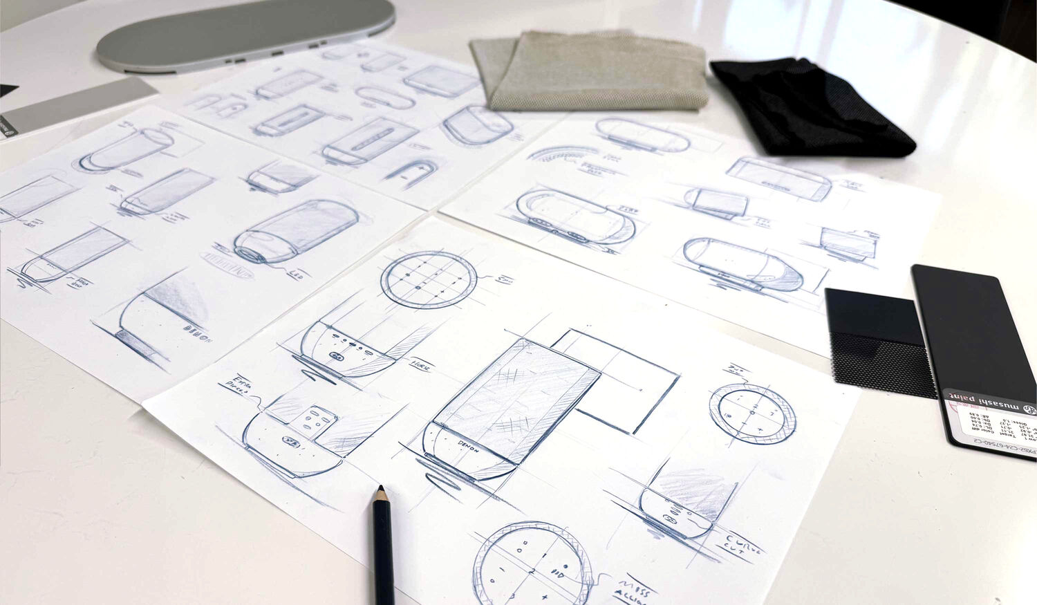 Denon Home 200 400 and 600 design sketches surrounded by samples
