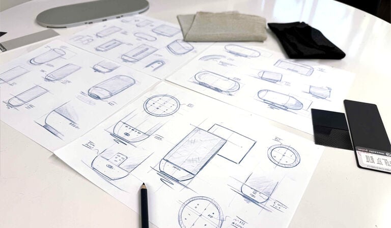 Denon Home 200 400 and 600 design sketches surrounded by samples