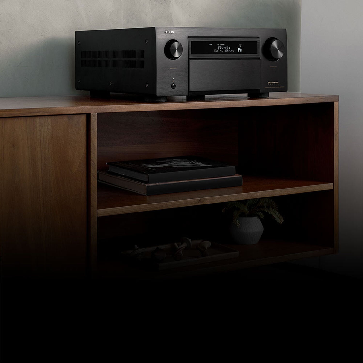 An AVR displaying blu-ray and dolby atmos