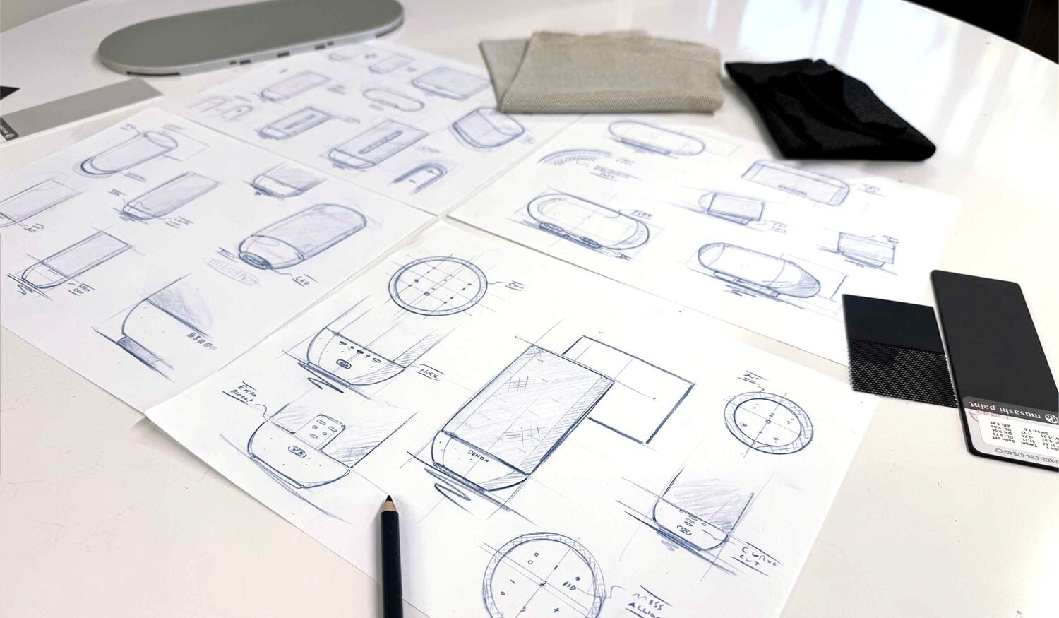 Denon Home 200 400 and 600 design sketches surrounded by samples